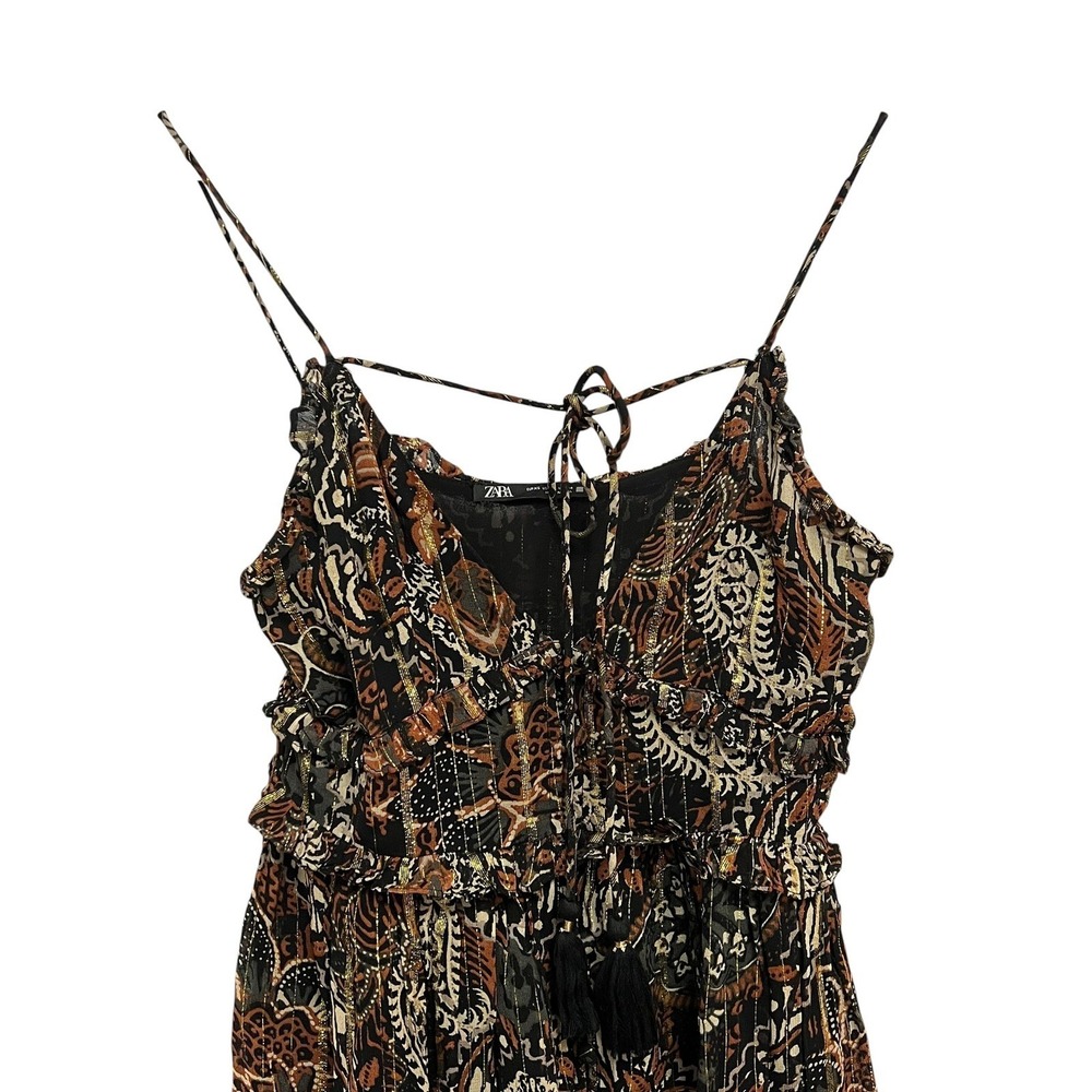 ZARA Maxi Dress Womens XS Black Brown Gold Metallic Paisley Boho Ruffle Tassel - Picture 3 of 10